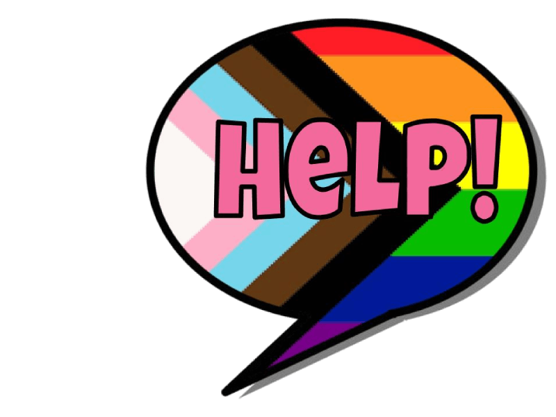 the words 'help!' in a speech balloon in the inclusive LGTBQIA+ flag colors